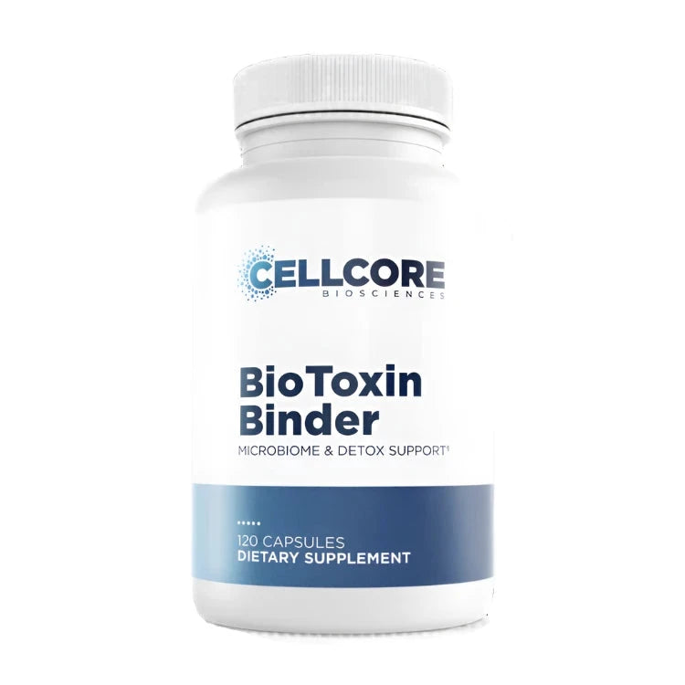 Cellcore BioToxin Binder supplement for gut health and microbiome support, 120 capsules.