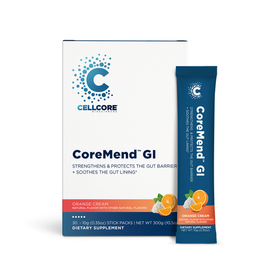 CellCore CoreMend GI orange cream gut support stick packs, box and stick pack