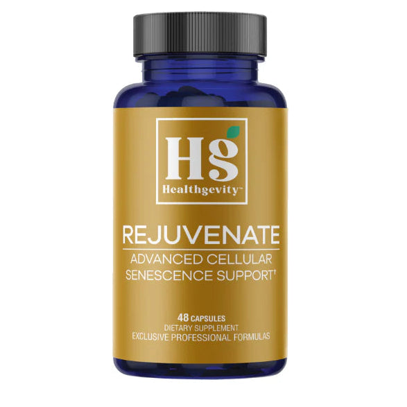 A bottle of Healthgevity Rejuvenate dietary supplement capsules, featuring a gold label and a dark blue translucent bottle with a black cap, set against a plain white background.
