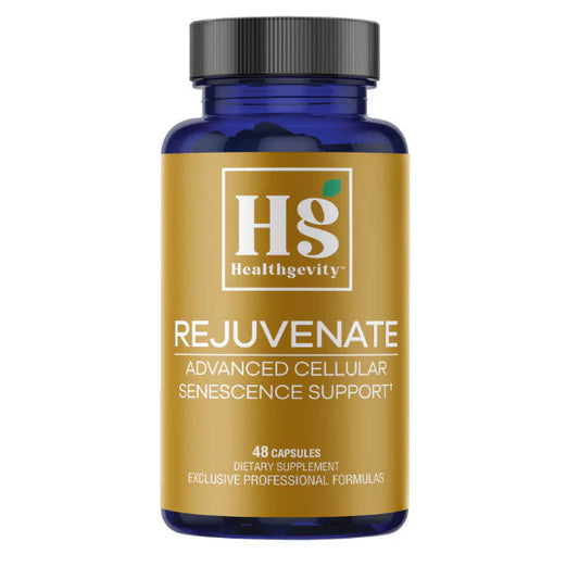 A bottle of Healthgevity Rejuvenate dietary supplement capsules, featuring a gold label and a dark blue translucent bottle with a black cap, set against a plain white background.
